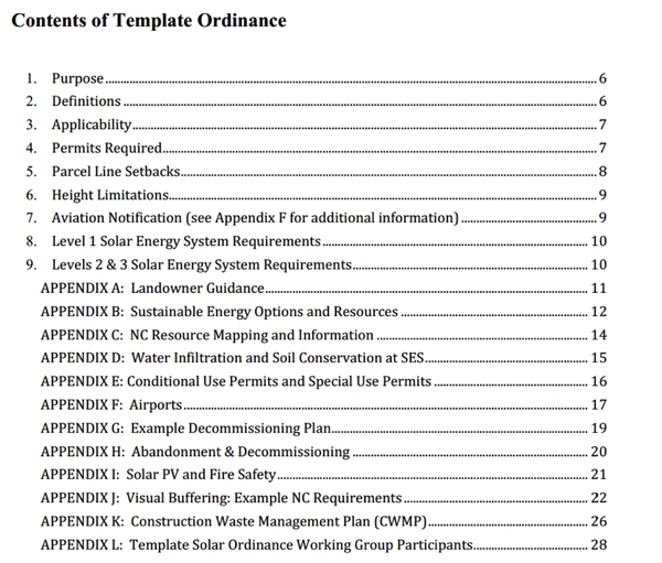 Table of Contents from Template Solar Ordinance